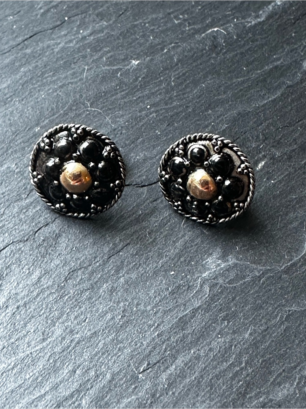 Vintage Floral Rosette Stud Earrings | Black & Gold Tone